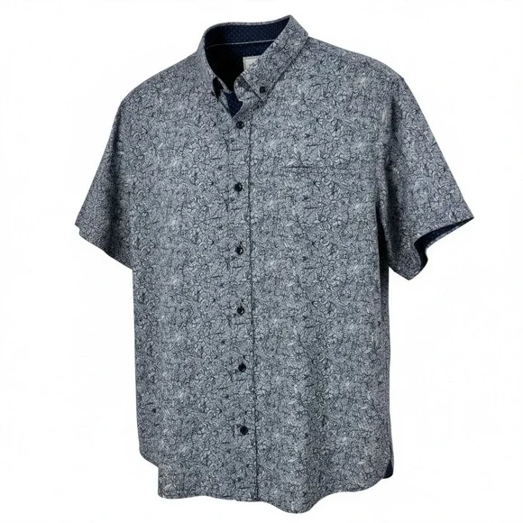 7Diamonds Mens Short Sleeve Button Up Shirt Blue Floral Print 4 Way Stretch Sz L - Picture 1 of 12